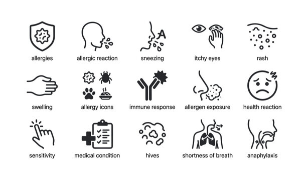 Allergy symptoms and reactions icons - sneezing, itchy eyes, rash, swelling, breath shortness