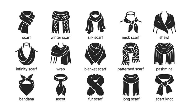 Various styles of scarves and shawls: silk, neck, infinity, patterned, pashmina