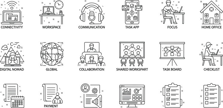 Collection of Linear Icons Representing Remote Work, Digital Nomad, Collaboration, Task Management, and Workspace Organization