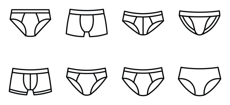 Mens underwear line icons displaying various styles of briefs and boxer shorts for comfortable fitting