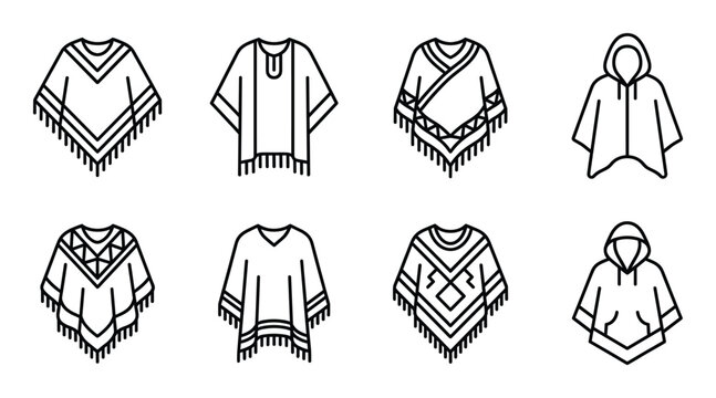 Mexican poncho line icons featuring ethnic patterns traditional latin american capes and rain hoods
