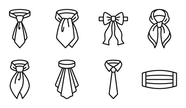 Necktie and scarf line icons illustrating formal accessories including bowties and cravats for outfits