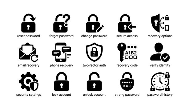 Security and recovery icon set for password and account protection