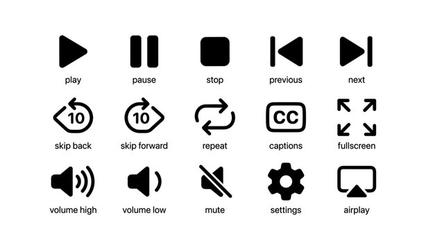 Media control icons for playback and settings with sound options