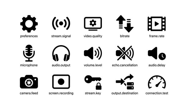 Audio and video equipment icons: preferences, streaming, and signal control
