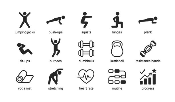 Fitness exercise icons: jumping jacks, push-ups, squats, lunges, plank, sit-ups, burpees, dumbbells, kettlebell, resistance bands