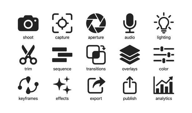 Video editing icons set: camera, scissors, microphone, light bulb, and more