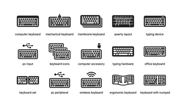 Computer and mechanical keyboards with qwerty layout in various styles