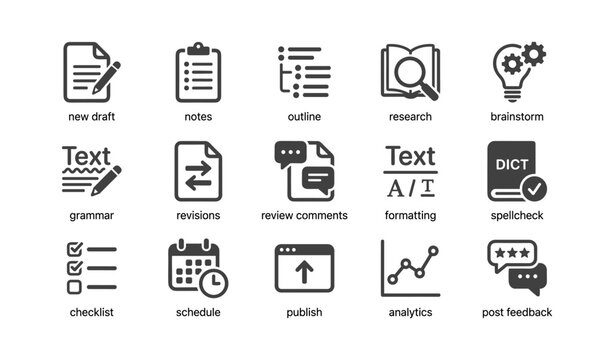 Set of icons for writing and publishing tasks with various tools and concepts