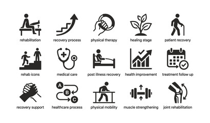 Obraz premium Rehabilitation icons: recovery, therapy, health progress, mobility, strengthening