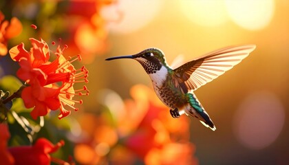 Fototapeta premium Sunlit Grace: Iridescent Hummingbird Hovers by Fiery Red Blossoms at Sunset