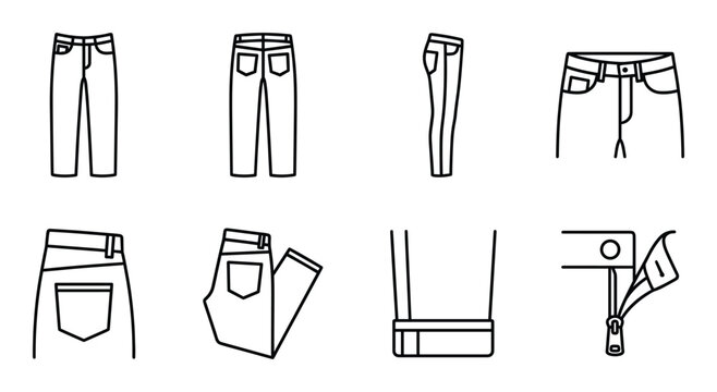 Set of jeans icons and clothing details, linear style, black outline isolated on transparent background