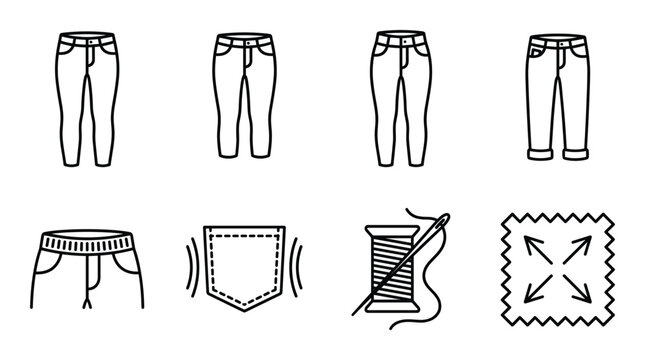 Set of jeans and sewing icons, linear style, black outline isolated on transparent background