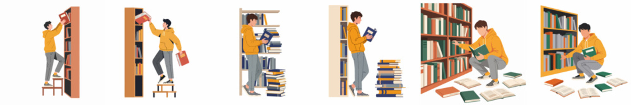 Set of flat vector illustrations depicting a young man in a yellow hoodie reading, searching for, and organizing books in a library or bookstore.