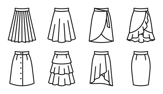 Skirt icons set with various styles including pleated wrap and pencil designs on transparent background