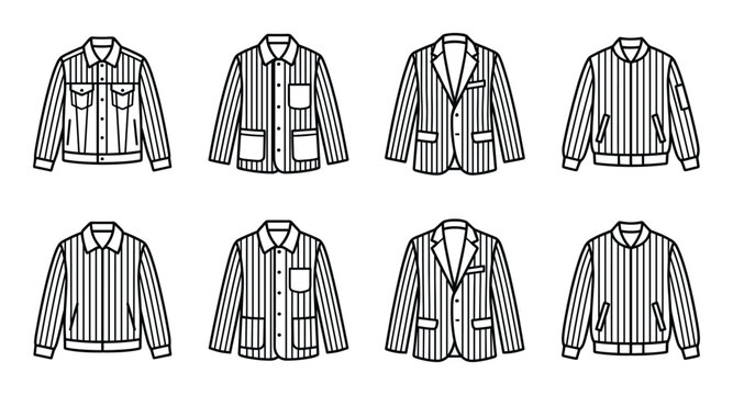Striped jacket and bomber jacket line icons. fashion apparel outerwear outline pictogram set