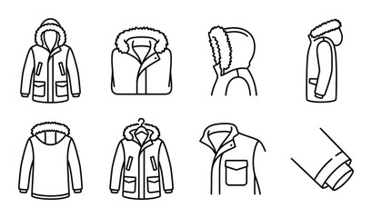 Winter parka and fur hood jacket line icon set with different views and winter apparel construction © GoDesigner