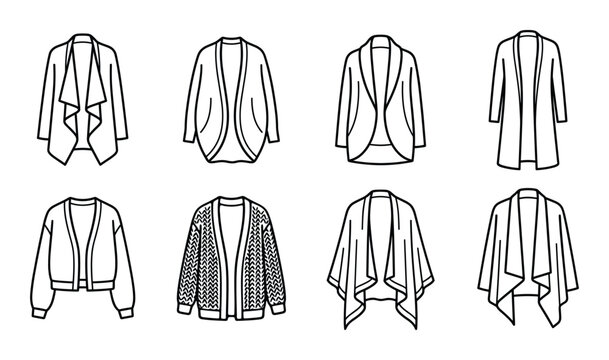 Woman cardigan, sweater and shawl outline fashion flat vector icon set for app and websites