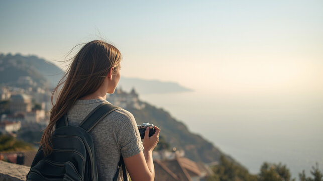 Young female traveler with backpack holding a camera and looking at a scenic coastal town view from a hilltop.