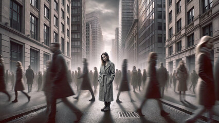 Solitary woman standing perfectly still in sharp focus on a busy city street while a crowd of blurred people rushes past her in motion representing isolation. Alone in a fast-paced world.