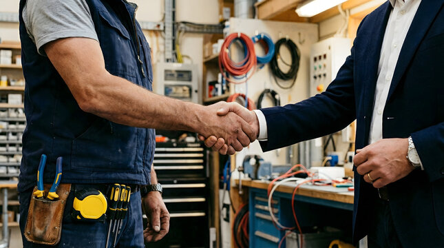professional technician shaking hands with businessman client in electrical workshop representing successful repair service maintenance contract and industrial blue collar partnership