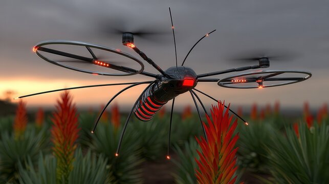 Robotic insect drone performing automated pollination over field plants at dusk