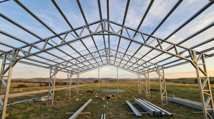 Fototapeta premium Construction site metal frame structure.