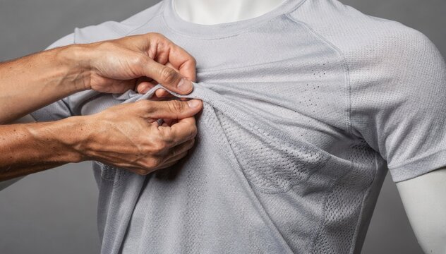 Medium shot capturing hands adjusting a moisturewicking sports jersey fabric on a mannequin highlighting breathable stretch materials for active wear.
