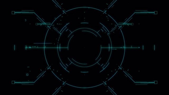 Futuristic circular HUD interface with glowing blue radar target, sci fi digital technology background, cyber security scanning system, high tech user interface display