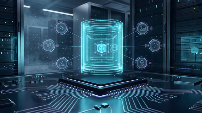futuristic data center server room with glowing 3d holographic database cylinder and security icons on circuit board processor representing cloud storage and cyber protection