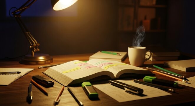 A cluttered desk illuminated by a warm lamp at night featuring open textbooks, highlighted notes, scattered pens, and a mug of coffee, silence, concentration, cluttered