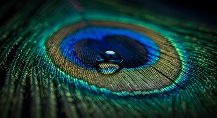 Fototapeta premium Peacock feather closeup with a single round water droplet resting on its iridescent eye pattern