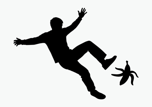 Black silhouette of a man slipping on a banana peel, losing balance and falling