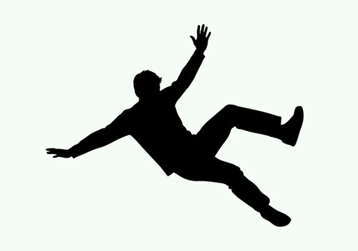 Black silhouette of a man falling, arms outstretched, losing balance and stumbling