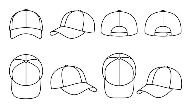 Collection of baseball caps shown from multiple angles in outline vector graphics for versatile design