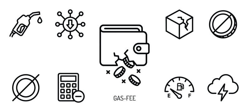 Crypto gas fee concept with broken wallet losing coins blockchain network and empty fuel gauge icon
