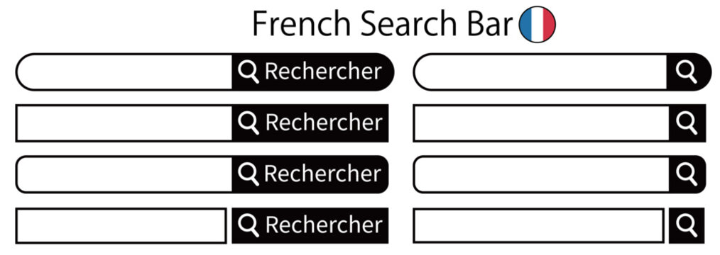 Ensemble d&rsquo;UI de barre de recherche avec bouton &laquo; Rechercher &raquo; en fran&ccedil;ais (Design simple de champ de saisie avec ic&ocirc;ne de loupe pour sites web et applications)