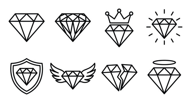 Eight diamond icons in various styles like with crown broken wings and shining