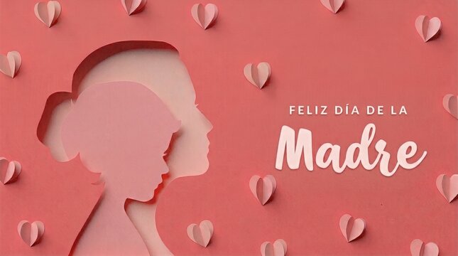 A pink paper cutout of a mother and daughter with hearts and Spanish text for Mother's Day