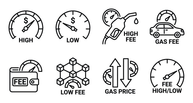 Gas fee indicators for blockchain transactions showing high low levels with gauges and network icons
