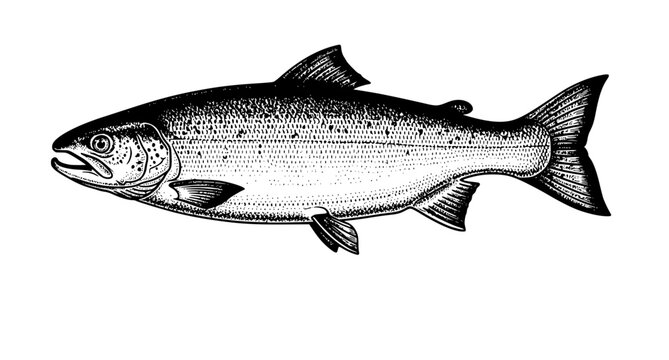 Vintage salmon fish engraving vector illustration detailed seafood sketch in antique ink style isolated