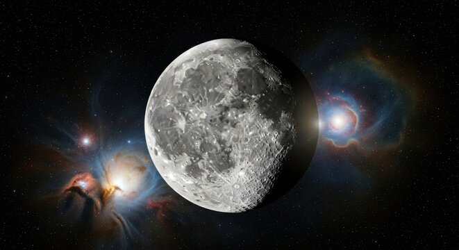 Detailed view of the radiant full moon with sharp terminator line against a cosmic background of nebulae and stars