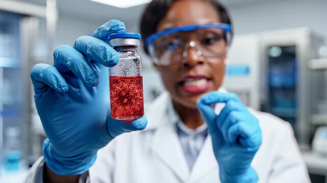 Scientist in Lab Coat and Gloves Holds Up Red Liquid Vial.