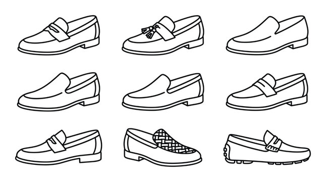 Set of various loafer shoes, outline style design elements collection. classic men's fashion