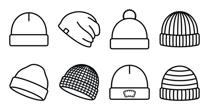 Variety of knitted beanies and winter hats in black outline vector, including pom-pom and textured designs