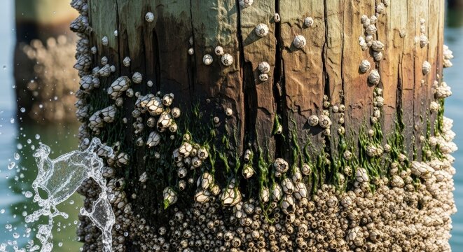 Barnacles attached to wooden dock.