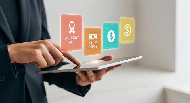 Digital loyalty program interface on tablet, businessman managing discount key and value points, online shopping rewards and financial incentives