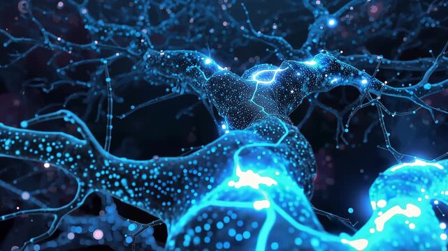 Glowing neural network with electric blue synapses and microscopic particles connecting brain