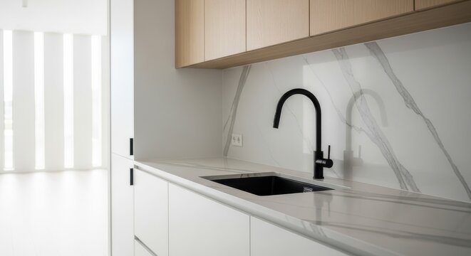 modern kitchen sink area with marble backsplash and wooden cabinets