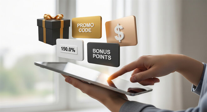 Digital loyalty rewards on tablet, promo code and bonus points icons, online shopping